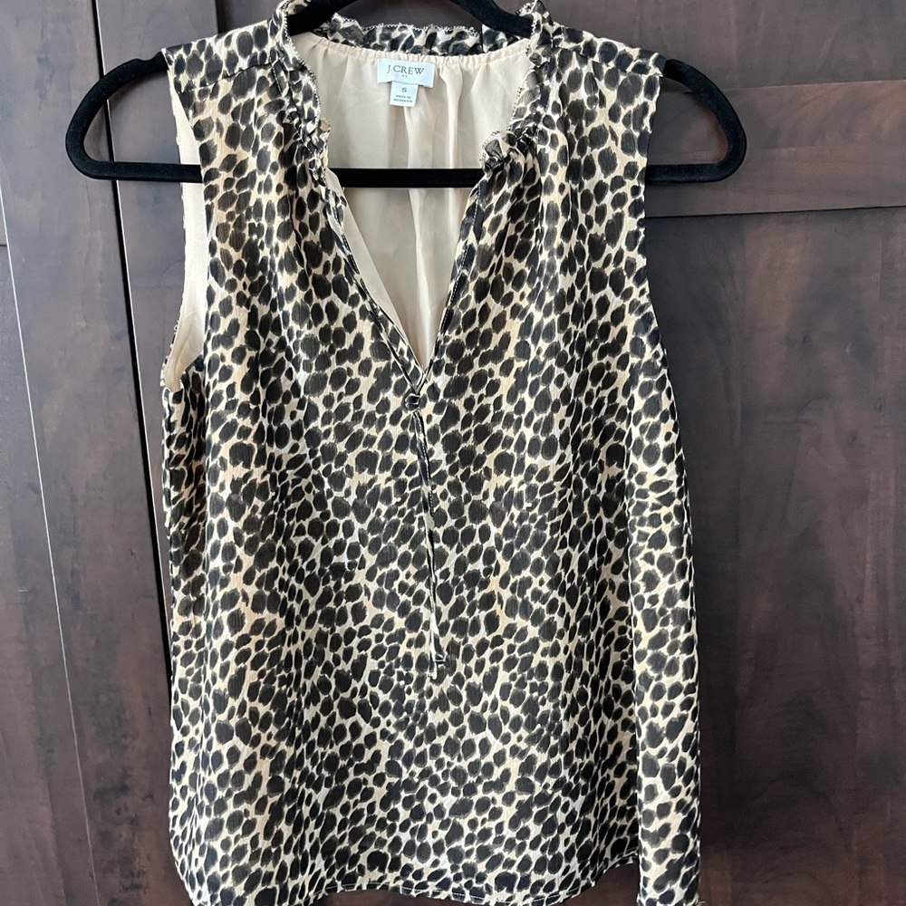 J Crew animal print tank with ruffle neckline and neck tie small